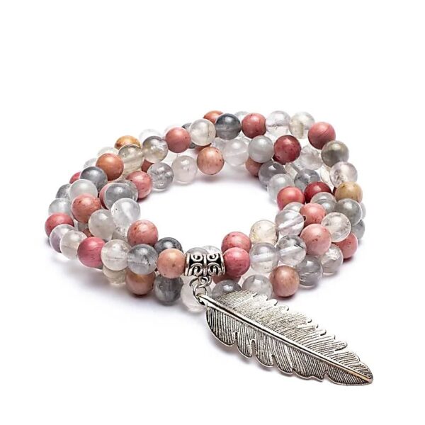 Mala in rodonite, quarzo grigio, piuma in metallo