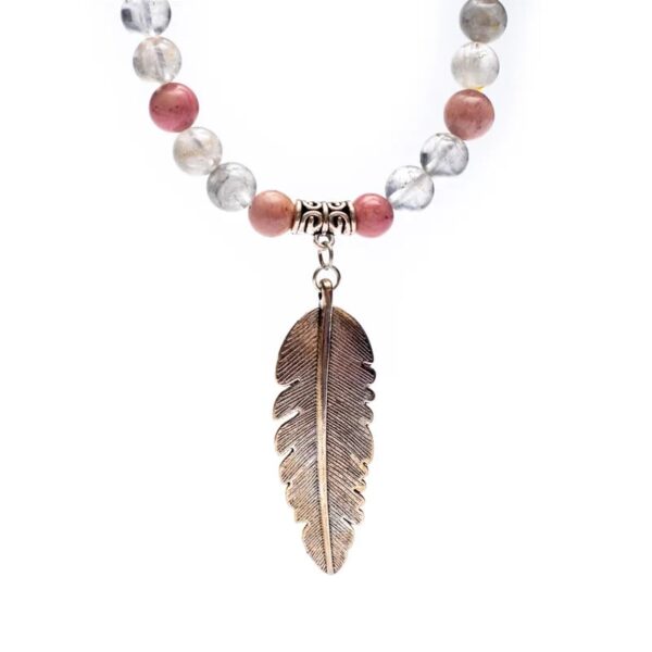 Mala in rodonite, quarzo grigio, piuma in metallo - immagine 2